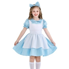 Kid Apron Dress-Up Pioneer Dresses Set with Headband 3 Pcs Colonial Puff Sleeve French Maid Dress