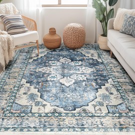 BESTSWEETIE 5x7 Area Rug Washable Rugs for Living Room, No Pile Boho Carpet for Entryway Bedroom Dinning Room, Vintage Carpet Print Distressed Non-Slip, 5 x 7 ft, Blue Navy