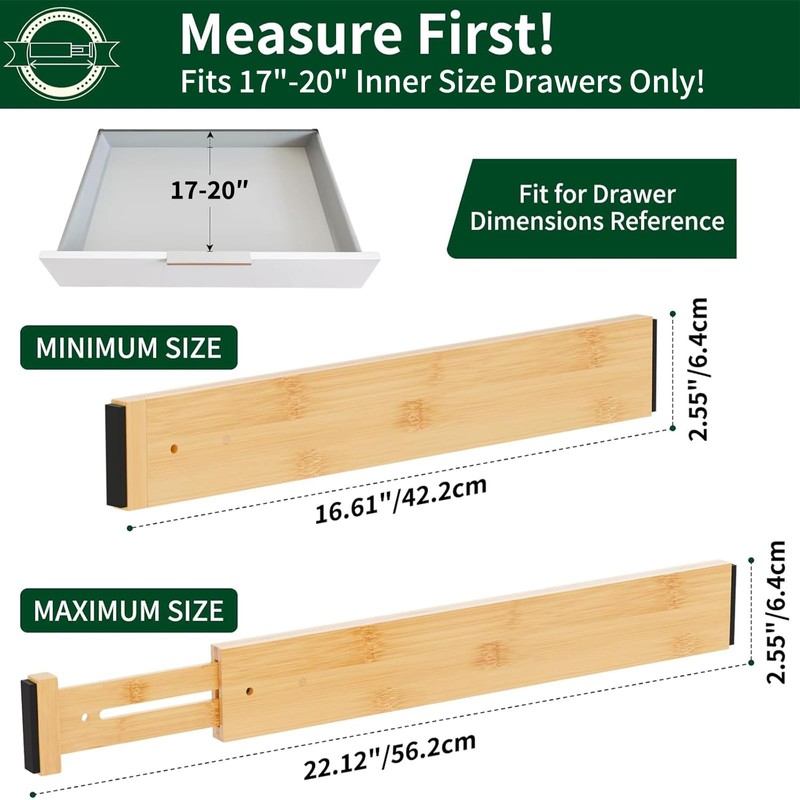 Dunruz 4 Pack Bamboo Drawer Dividers 2.6" High,Adjustable Spring Loaded