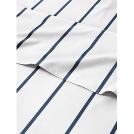 4 Piece Navy Blue Striped Sheets for King Size Bed – Luxury Flat Sheet 105 x 102, Fitted Sheet 78 x 80 and 2 Pillowcases 20 x 40 – Deep Pocket, Soft Blue and White Sheets – Oeko-TEX Stripe Sheet Set