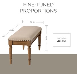 Maven Lane Elizabeth Traditional Wooden Upholstered Bench, Padded Seat for Kitchen Dining Room Table or Entryway in Antiqued Natural Finish