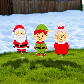 Christmas Yard Signs Set of 3, Outdoor PVC Christmas Decorations with Stakes, Holiday Decor Santa, Elf, Mrs. Claus