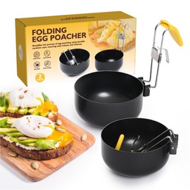 Foldable Egg Poacher Set- KRGMNHR 2025 New Poached Egg Cooker Non-Stick Poached Bolied egg Make Cups, 18/10 Poached Egg Spoon with stainless steel handle and a hook (2 Pack, Black)