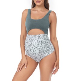 EastElegant Maternity Cutout One Piece Swimwear Ploka Dots Print Pregnancy Bathing Suit, Grey Blue, XL
