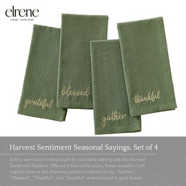Elrene Home Fashions Harvest Fall Sentiment Embroidered Napkins, Set of 4, 17"x17", Green