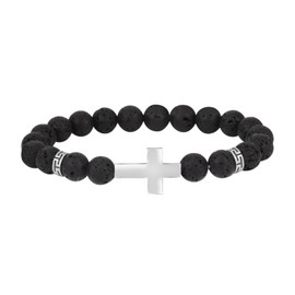 MILAKOO Lava Rock Stone Bracelet with Silver Cross Charms Christian Stretch Bracelets for Men Women