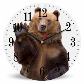 Mxocom Bear Wall Clock The Brown Bear Welcomes and Waves a Paw 10 Inch Silent Non Ticking Battery Operated Clock Vintage Round Clock for Living Room Bedroom Bathroom Office Decor