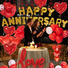 Anniversary Decorations Valentines Day Balloons Arch with Happy Anniversary Banner Heart I Love You Balloons Red Felt Heart Hanging String Rose Petals for Valentines Romantic Decorations