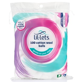 Lil-Lets Lil-Lets Cotton Wool Balls, 100 Count, Certified Organic, 100% Pure Cotton Wool, Super Soft, Large Cotton Wool Puffs, Gentle on Skin, Dermatologically Tested
