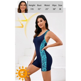 Halcurt Women's Athletic One Piece Swimsuit with Boyshort Racerback Sport Boyleg Bathing Suit Navy Paisley L