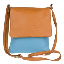 Girly Handbags Womens Genuine Soft Leather Italian Cross Body Messenger Bag Vera Plelle Shoulder Bag Flap Zipper (Light Blue Tan)