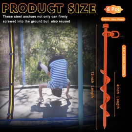 6 Pcs Ground Anchors Screw in, 12 Inch Heavy Duty Trampoline Anchor Kit Carport Anchors with T Handle Wrench Earth Anchor Ground Stakes Tent Stakes Swing Set Anchors High Wind (Orange)