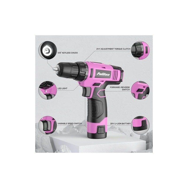 PULITUO Drill Set, 149-Piece Home Tool Set with 12V Pink