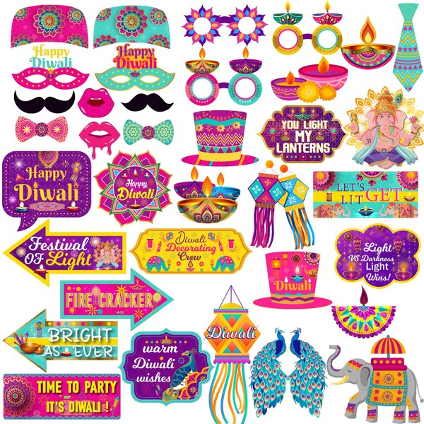 Diwali Photo Booth Props, 36Pcs Diwali Decorations Photo Props Diwali