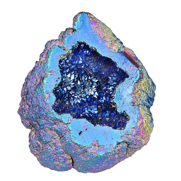 Nupuyai Titanium Coated Natural Rock Crystal Geode Druse Gemstone Crystal Cluster Quartz Geode for Reiki Healing House Feng Shui Decoration
