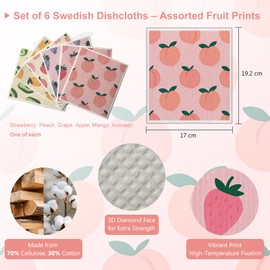 RHVQ Swedish Dishcloths 6-Pack, Super Absorbent & Fast-Drying Reusable Dish Towels, Biodegradable Kitchen Sponge Cloths with Fruit Prints for Dishes, Countertops, Windows & Car