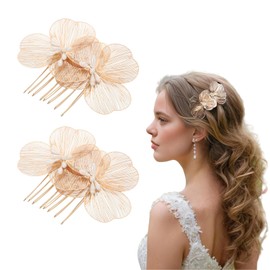 JLEivvi 2 PCS Hair Side Comb, Gold Flower Hair Clip, Vintage Accessory Decor Hairpin for Women Bun Chignon Up-Do Styling Wedding Brides