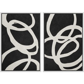 MUDECOR Framed Canvas Print Wall Art Set Black White Spiral Ring Circle Collage Abstract Shapes Illustrations Modern Art Decorative Contemporary for Living Room, Bedroom, Office - 24"x36"x2 White