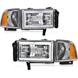 PIT66 Pair Headlight LED Light Strip w/o Bulbs Compatible with Dodge Ram 1500 1994-2001/2500 3500 1994-2002 (Not Fit Sport & Ram Van Model) Clear Lens Chrome Housing Amber Refelector