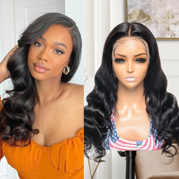 Ghair Real Hair Wig, Body Wave Lace Front Wigs, 13 x 4 Human Hair Wig, 24 Inches, Brazilian Hair Wig for Women, 180% Density, Pre-Plucked with Baby Hair, Glueless Wigs, Natural Black Colour
