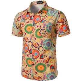 LucMatton Men's Short-Sleeved Button-Down Hawaiian Shirts with Traditional Pattern Print, Cotton Linen, khaki