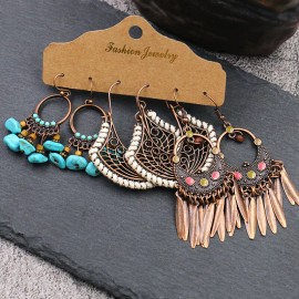 Unbranded 3 Pairs/Set Bohemian Boho Earrings Hook Drop Dangle - Teal, Brown, Feather - B#2