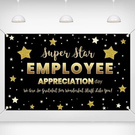 Printspree Employee Appreciation Banner - 70.8x43.3 Inch, Black and Gold "Super Star Employee" Design with Stars for Office Celebrations and Staff Recognition Events