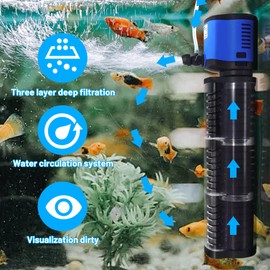 Aquarium Filter 260GPH for 35-75 Gallon Fish Tank, Biochemical Quiet Submersible Internal Filtration Powerful Pump Air Supply, Wave Maker 4 in 1, Small Ponds, Saltwater & Freshwater Crystal Clear