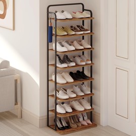 Hzuaneri Vertical Shoe Rack, Shoe Shelves, Wood Shoe Organizer for Closet, Entryway, Shoe Tower for Small Spaces, Free Standing, Adjustable, with 2 Hooks, 8 Tier Rustic Brown SR12501B