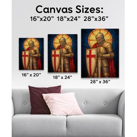 Knight of the Cross 28x36 Stretched Canvas, Medieval Knight in Full Plate Armor, Christian Valor, Faith, and Bravery Art for Churches, Prayer Rooms, Man Caves, Libraries, Historical Décor