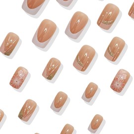 24 Pcs Spring Press on Nails Medium Square,YIHONGYAN Pink Orange Color Flowers Fake Nails Press ons White French Nail Tip Acrylic Kit Glue on Nails Full Cover False Nails Glossy Stick on Nails Woman