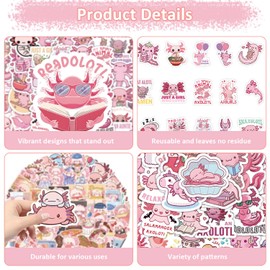 Onperpoe 100 Pcs Kawaii Axolotl Stickers, Waterproof Vinyl, Pink, for Water Bottles, Laptop, Skateboard, Luggage, Scrapbook, Guitar