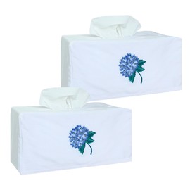 Fabric Tissue Box Cover Set of 2 - Vintage Floral Embroidery Hydrangea Holder, Bouquet Wrapping Bag, Car Holder, Rectangular 9.8"X5.9"X4.7", White