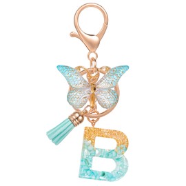 MWOOT Initial Letter B Keychain Key Ring,Cute Alphabet Gold Foil Resin Letter Keyring Charm with Butterfly Tassel Pendant,Fashion Green Keyrings for Women Adult Gift Purse Backpack Handbag Decor(B)