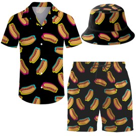 ifamawlea Men'S 2 Piece Tracksuit Colorful Hot Dog Hawaiian Shirt Shorts Button Down Shirt And Shorts Sets With Bucket Hats Large
