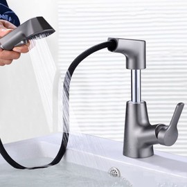 BVAKEIDZE Bathroom Faucet with Pull Out Sprayer,Bathroom Sink Faucet Dual Function Basin Faucet,360° Swivel Spout Bathroom Sink Faucet,Basin Faucet for Hot and Cold Water,Gun Gray