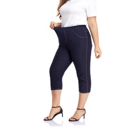 ELISS Women's Plus Size Jean Look Jeggings Stretch High Waisted Denim Skinny Pull-on Capri Pants with Pockets (1X-4X), Blue, 3X-Large
