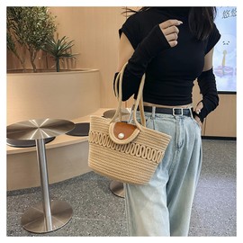 zuevichn Women's Summer Woven Bag, Tote Bag, Summer Shoulder Bag, Lightweight, Stylish, Shoulder Bag, Knitting, Cute, Simple, khaki 2