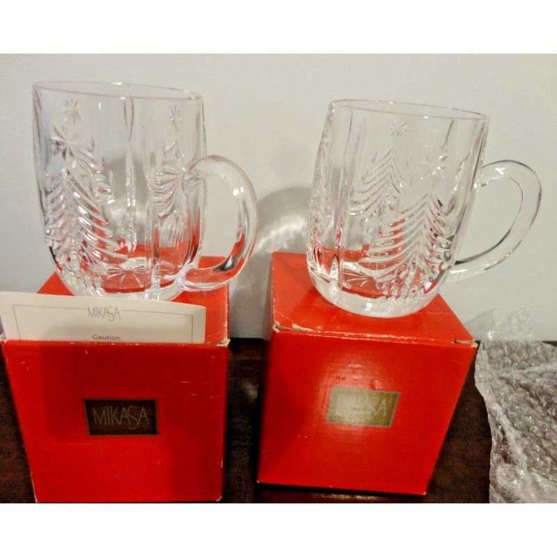 MIKASA CHRISTMAS TREE LEAD CRYSTAL SET OF 2 COFFEE TEA