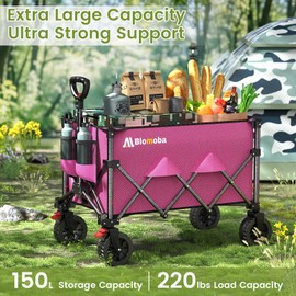 Blomoba Collapsible Wagon Cart, 220lbs Heavy Duty Foldable Beach Wagon with Wider Wheels & Auto-Rebound Handle, 150L Utility Grocery Shopping Cart for Garden, Shopping, Camping, Sports, Pink