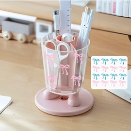 INSTOME Desk Organizer with Bow Stickers - 360° Rotating Desk Caddy with 4 Compartments,Novelty Pen Holder,Cute & Neutral Office Supplies Aesthetic for Work, School, or Home