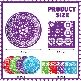 96 PCS Mexican Fiesta Napkins and Plates Papel Picado Paper Party Tableware Disposable Mexican Cinco De Mayo Dinnerware Set for Fiesta Taco Birthday Baby Shower Party Supplies, Serve 48