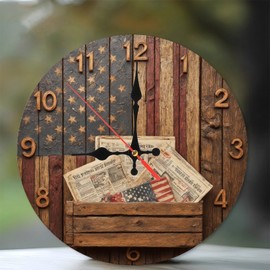 Vintage American Flag Wooden Wall Clock Newspaper Decor 10-Inch Wooden Wall Clock, Silent Movement, Battery Operated (AA Batteries Not Included), Artistic Home Decor, Perfect for Home Accents