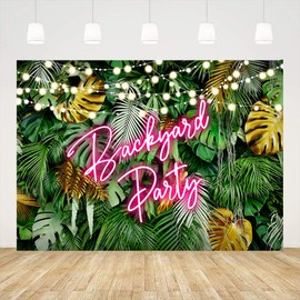 Ticuenicoa 7×5ft Backyard Party Backdrop Hawaiian Tropical Aloha Palm Leaves Backyard BBQ Birthday Background Pink Neon Jungle Green Leaves Photography Backdrops Party Decorations Photo Booth Props