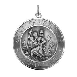 US Jewels Men's Round 925 Sterling Silver 33mm St Saint Christopher Medal Pendant