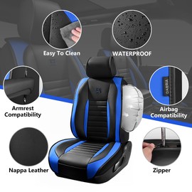 CAR PASS Nappa Leather Car Seat Covers Front Seats, Luxury Seat Protector for Cars, Waterproof Anti-Slip Seat Cushion Airbag Compatible Universal for SUV Pick-up Truck Automotive Vehicle,Black Blue