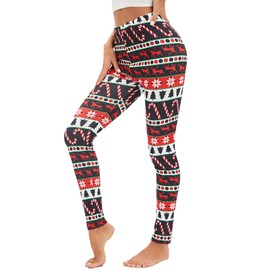 KOJOOIN Women's High-Waisted Leggings with Christmas Print Soft Ugly Athletic Stretchy Fashion Pants for Parties Candy Snowflakes M