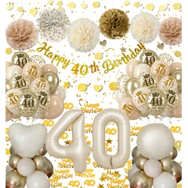 40th Birthday Decorations for Women, Retro Beige Gold Birthday Balloons, Happy 40th Birthday Banner, Paper Pom Poms, 40 Confetti, Number 40 Balloons for 40th Birthday Party Decoration for Her
