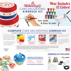U.S. Cake Supply Complete Cake Airbrush Decorating Kit with 12 Vibrant Food Colors - Air Brush for Cake Decoration, Cupcakes, Cookies & Desserts