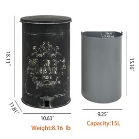 Quorvynne Outdoor Dog Poop Trash Can with Lid-15L/4Gal,Commercial Outdoor Retro Metal Garbage Can with Foot Pedal,Perfect for Shopping Mall,Office,Pets Park,Backyard